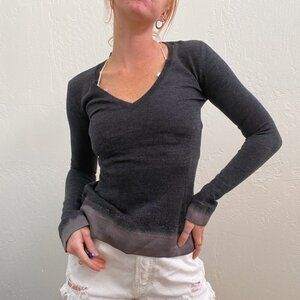 Burberry Charcoal Gray Knit V Neck Sweater w/ Burnished Trim